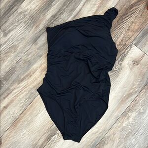 Pink Lily Black One Shoulder Swim One Piece